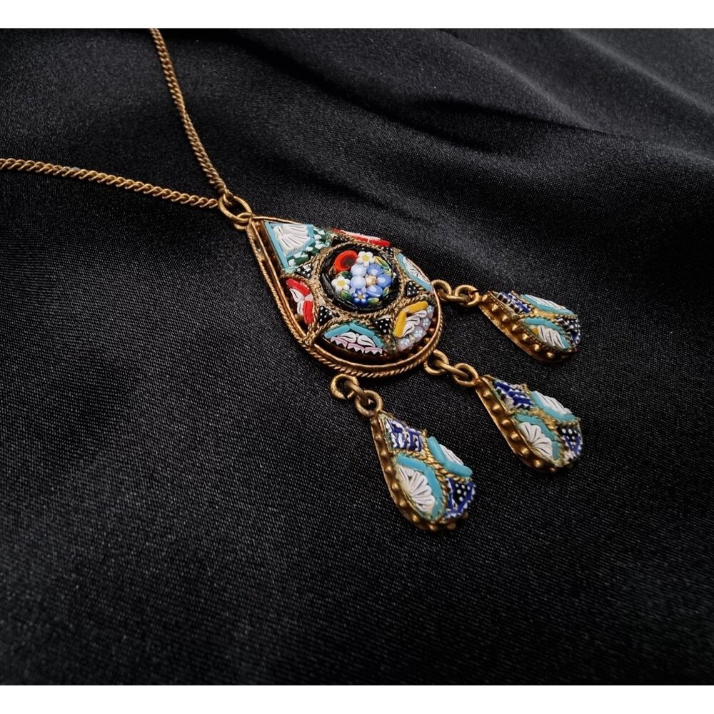 Vintage 1920s-1940s Gold-Tone Millefiori Mosaic Pendant Necklace With Teardrop C